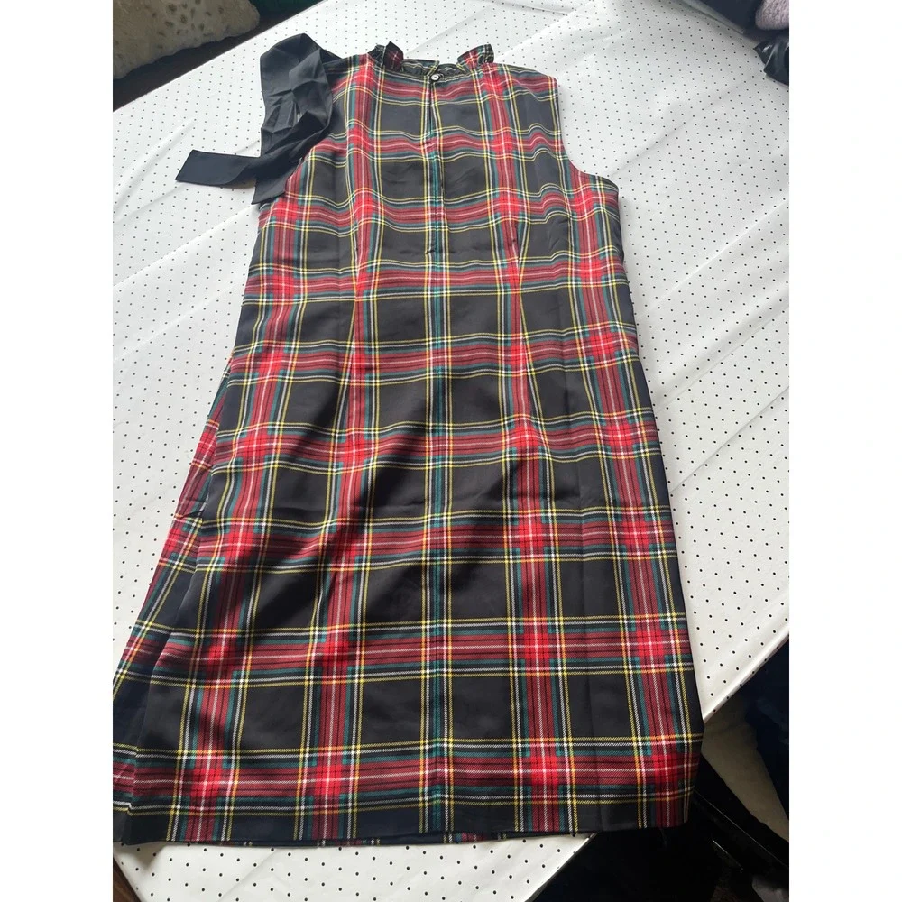 J.Crew Black Tartan Plaid Bow Neck Holiday Shift Dress Pockets 8